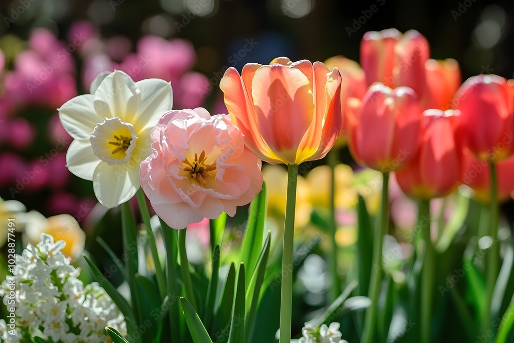 Colorful spring flowers in the sunshine: a garden full of colors A vibrant garden scene in which various spring flowers such as daffodils, tulips and hyacinths shine in the sunlight.
Colorful spring flowers in the sunshine: a garden full of colors A vibrant garden scene in which various spring flowers such as daffodils, tulips and hyacinths shine in the sunlight.