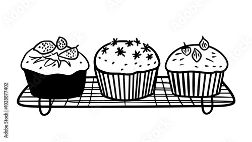 Loaves of fruitcake arranged on a wire cooling rack, vector illustration art