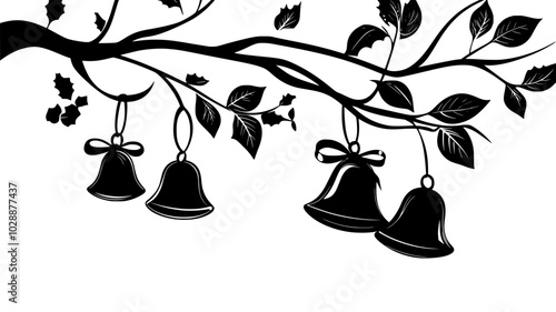 Metal bells tied with ribbons on tree branches, vector illustration art