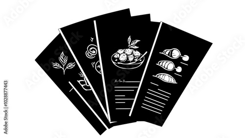 Meal kit delivery brochure with fanned-out recipe cards on a table, vector illustration art