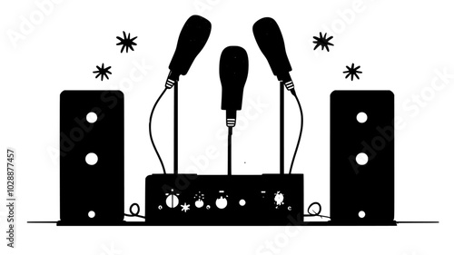 Microphones and speakers set up for outdoor caroling event, vector illustration art