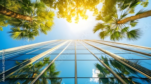 Modern Glass Building with Palm Trees.