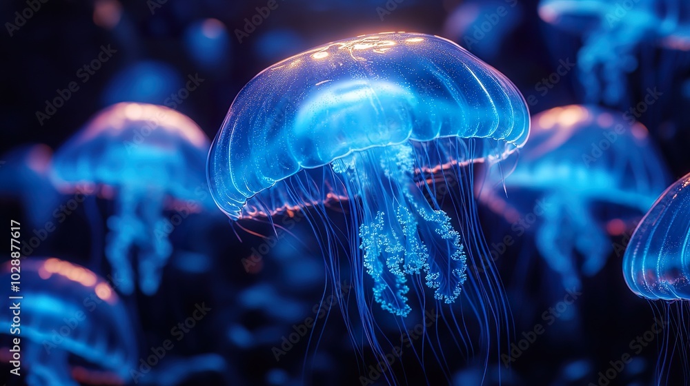 Abstract Luminescent Jellyfish in Dark Ocean Abstract Luminescent Jellyfish in Dark Ocean