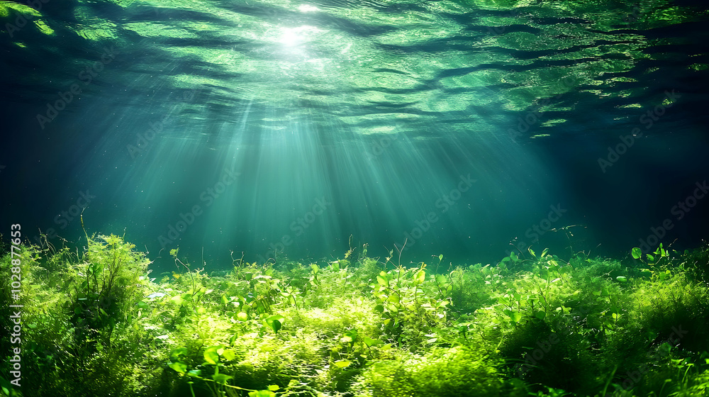 Underwater scene with sunlight and lush green vegetation. Underwater scene with sunlight and lush green vegetation.