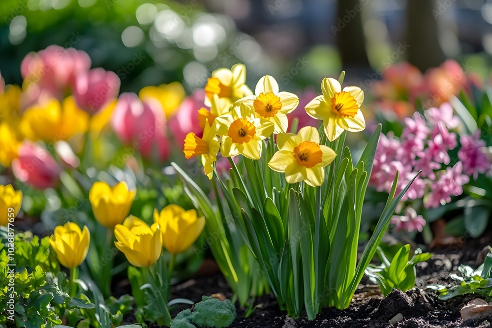 Colorful spring flowers in the sunshine: a garden full of colors A vibrant garden scene in which various spring flowers such as daffodils, tulips and hyacinths shine in the sunlight.
Colorful spring flowers in the sunshine: a garden full of colors A vibrant garden scene in which various spring flowers such as daffodils, tulips and hyacinths shine in the sunlight.