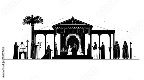 Outdoor creche display with figurines representing the holy family and magi, vector illustration art