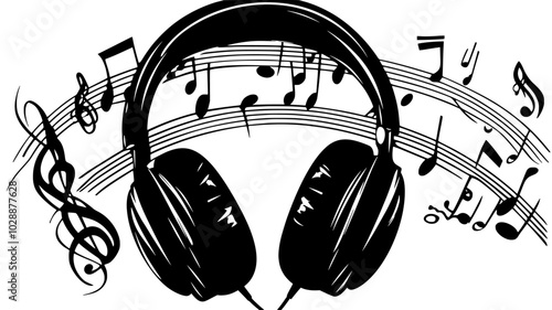 Noise-cancelling headphones on a music stand with sheet music, vector illustration art