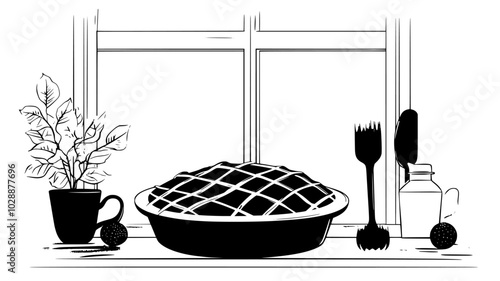 Pie with lattice crust cooling on windowsill, vector illustration art