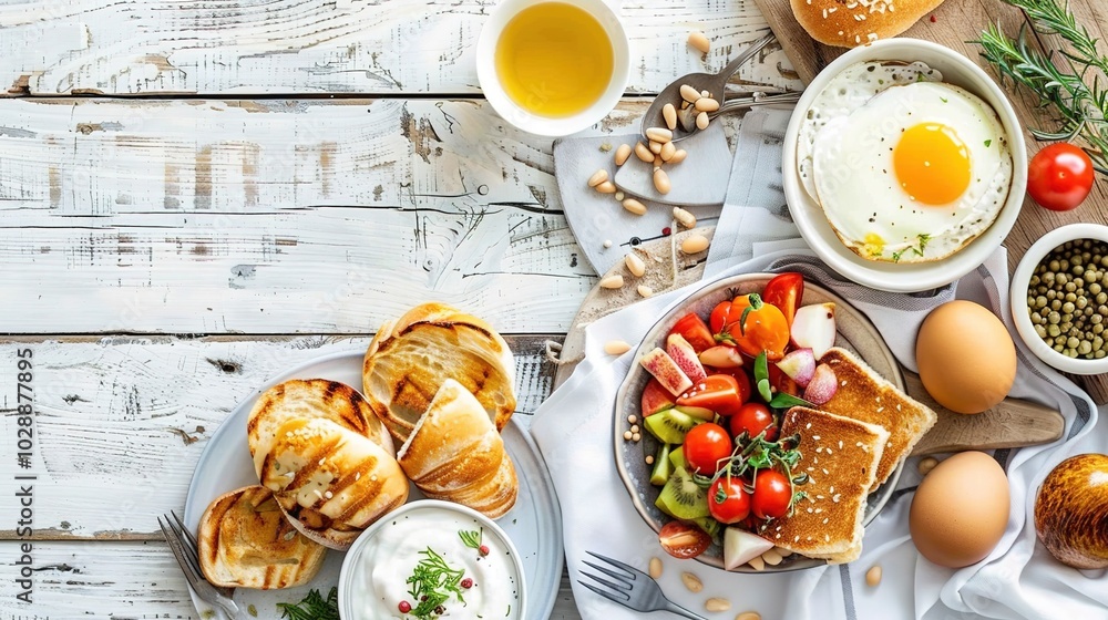 Different meals served for breakfast on wooden table, flat lay Different meals served for breakfast on wooden table, flat lay