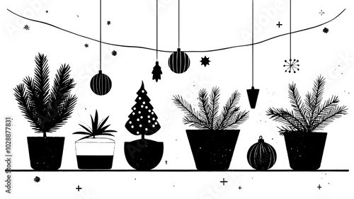 Potted miniature evergreen with decorations and tinsel on tabletop, vector illustration art