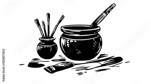 Pottery class token with a small clay pot and sculpting tools, vector illustration art