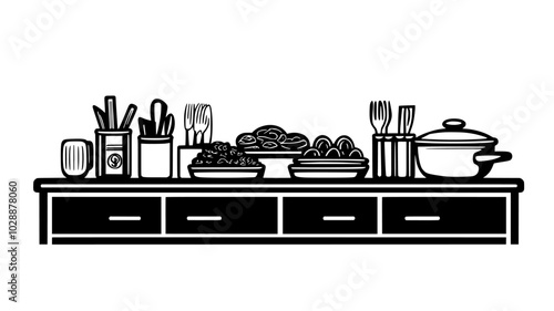 Soup kitchen serving line with trays of food ready for distribution, vector illustration art