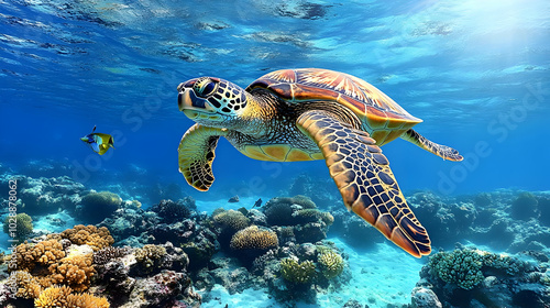 A sea turtle swimming gracefully over vibrant coral reefs.