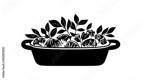 Stuffing in casserole dish with herbs, vector illustration art