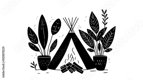 Tiny tent pitched in houseplant with campfire made of toothpicks, vector illustration art