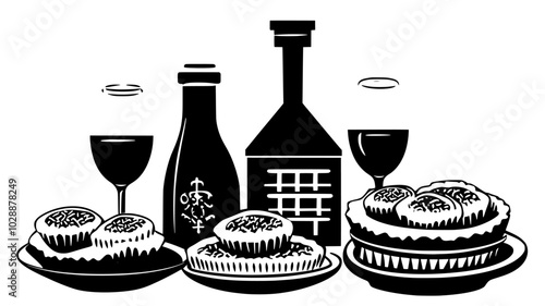 Tray with mince pies and sherry placed by chimney, vector illustration art