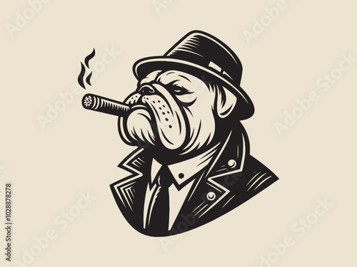 A bulldog detective in a hat and trench coat smokes a cigar. Black and white vintage vector illustration, emblem, logo