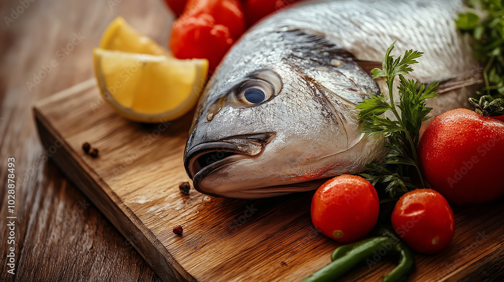 Close up Fresh fish with vegetables on wooden board, space for text, photo stocks Close up Fresh fish with vegetables on wooden board, space for text, photo stocks