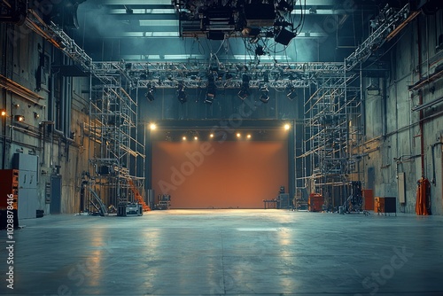 Empty Stage with Lighting Rig and Scaffolding in a Large Industrial Space