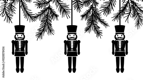 Wooden nutcracker figurines attached to evergreen boughs, vector illustration art