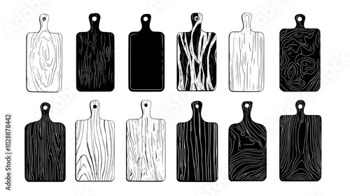 Wooden cutting boards with burned designs leaning against a wall, vector illustration art