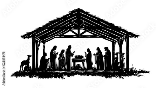 Wooden stable structure with figurines arranged inside, vector illustration art