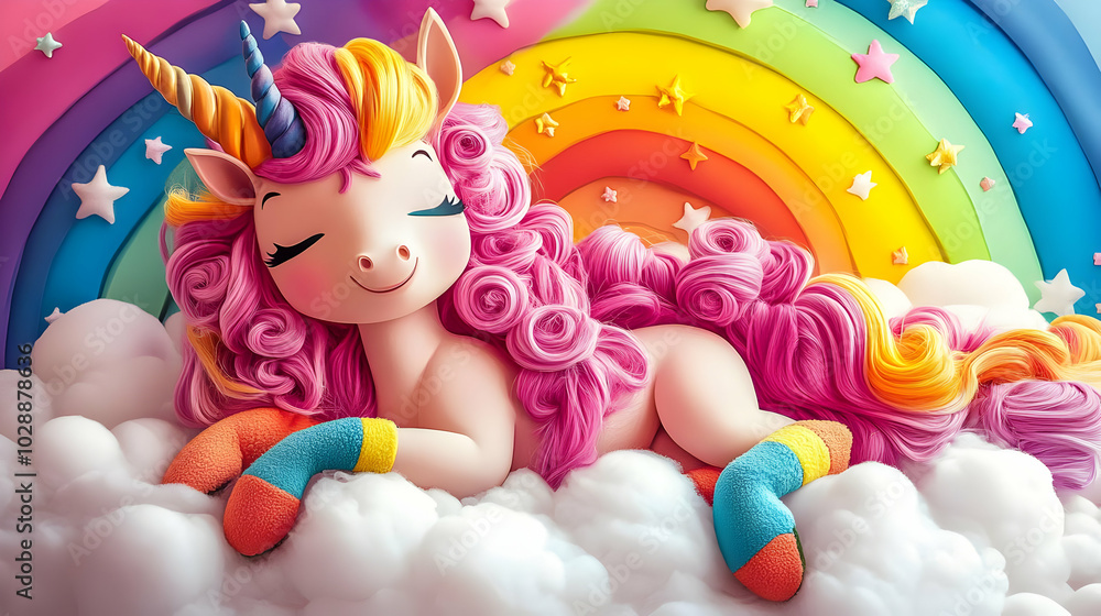A whimsical unicorn lounging on clouds with a vibrant rainbow backdrop. A whimsical unicorn lounging on clouds with a vibrant rainbow backdrop.