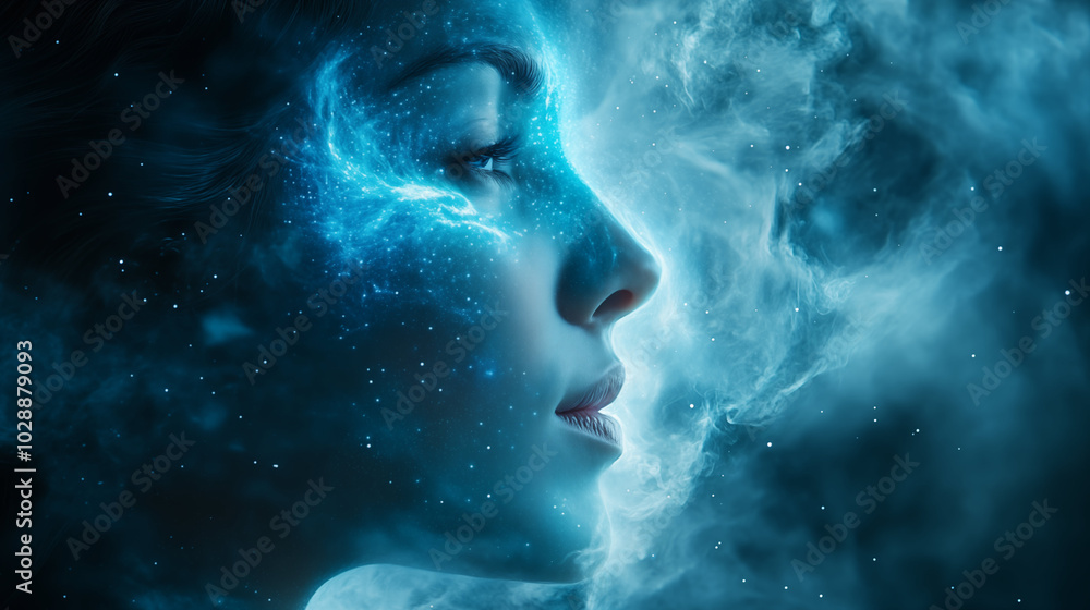 Surreal portrait of woman's face merging with starry cosmic nebula Surreal portrait of woman's face merging with starry cosmic nebula