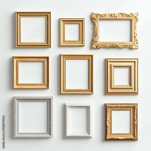 Nine empty frames on a white wall