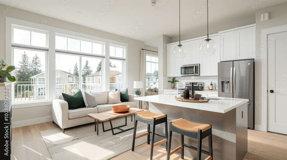 modern living room featuring clean, simple design with cozy atmosphere. space includes stylish kitchen island, comfortable seating, and large windows that bring in natural light modern living room featuring clean, simple design with cozy atmosphere. space includes stylish kitchen island, comfortable seating, and large windows that bring in natural light