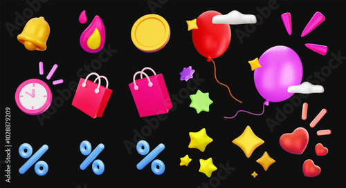 Set 3d vector icons including balloons, clock, fire,stars, shopping bags,percent.Design elements for festive occasions or promotions.