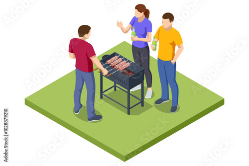 Isometric BBQ scene featuring a grill with various meats and vegetables cooking over an open flame. The setup captures the essence of outdoor barbecue, perfect for gatherings and casual summer cooking