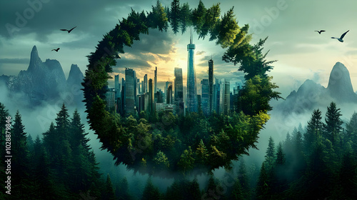 A surreal blend of nature and cityscape within a circular frame.
