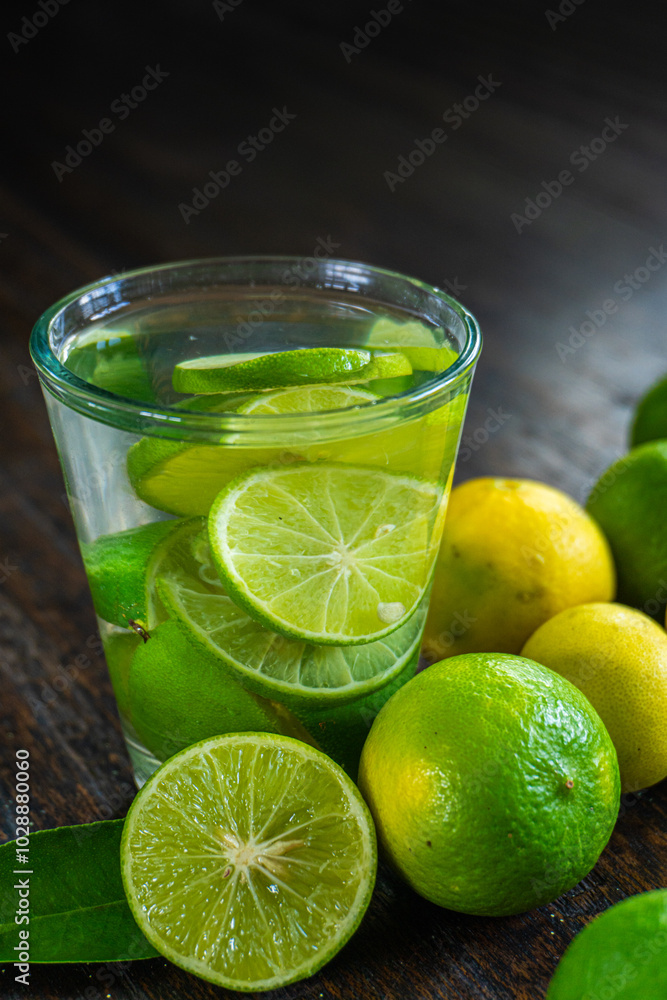 Organic cold refreshing lemonade drink or cocktail made of sparkling water, lime slices and fresh green mint leaves served in tall drinking glass with ice cubes on white wooden table with copy space Organic cold refreshing lemonade drink or cocktail made of sparkling water, lime slices and fresh green mint leaves served in tall drinking glass with ice cubes on white wooden table with copy space