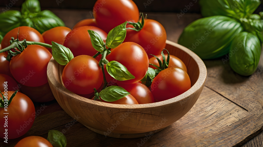 Tomatoes and Basil in Wooden Bowl Tomatoes and Basil in Wooden Bowl