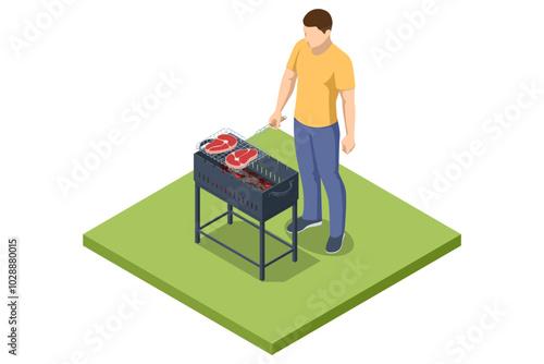 Isometric BBQ scene featuring a grill with various meats and vegetables cooking over an open flame. The setup captures the essence of outdoor barbecue, perfect for gatherings and casual summer cooking