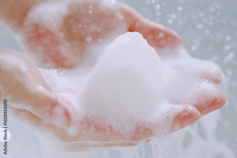 Fototapeta premium Hands filled with foamy soap bubbles during washing, capturing a moment of cleanliness and hygiene in soft lighting