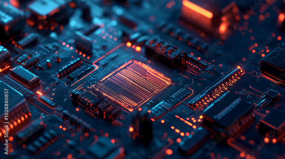 A close-up image of a circuit board with glowing orange lines, highlighting the intricate design and complexity of modern electronics.