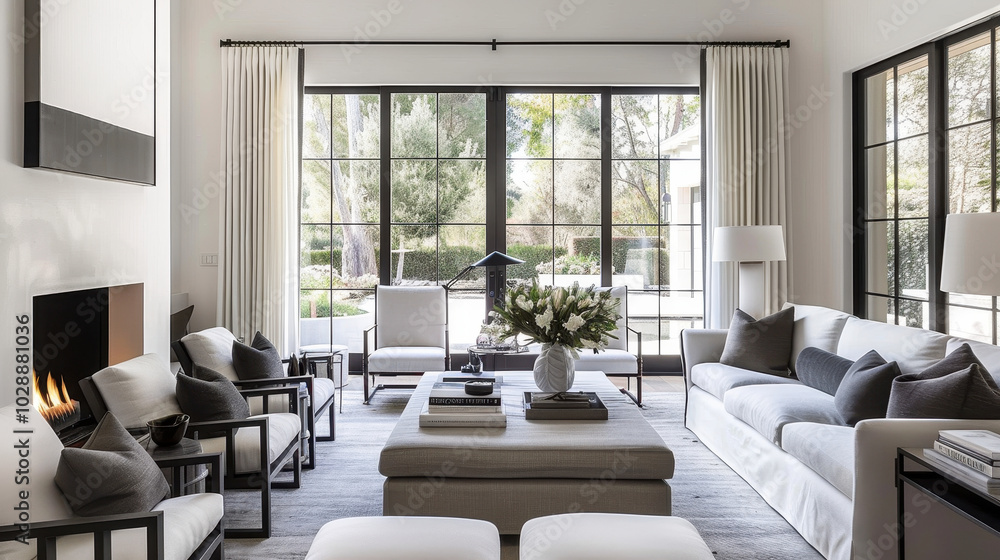 modern living room featuring clean, minimalist design with large windows allowing natural light. space is elegantly furnished with neutral tones and stylish decor, creating serene atmosphere modern living room featuring clean, minimalist design with large windows allowing natural light. space is elegantly furnished with neutral tones and stylish decor, creating serene atmosphere