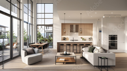 modern living room featuring comfortable seating, stylish dining area, and large windows that bring in natural light. open layout creates welcoming atmosphere