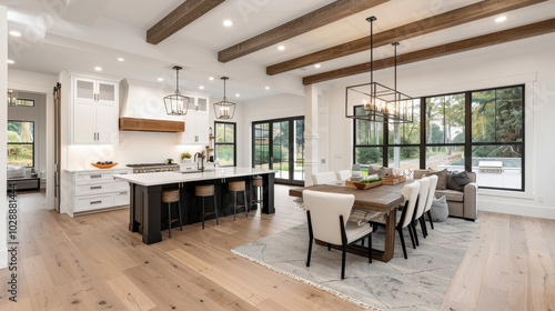 modern living room featuring minimalist furniture, wooden beams, and large windows that invite natural light. open layout creates warm and inviting atmosphere