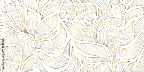 Vector art deco gold leaves pattern, line plant foliage illustration. Vintage luxury tropical ornament, jungle print