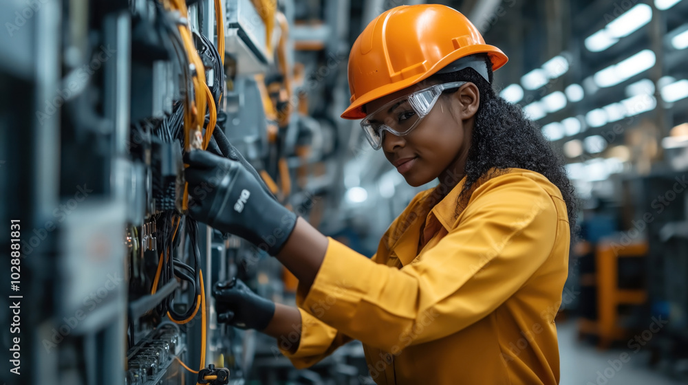 Female electrical engineer wearing safety gear working on industrial machinery in a factory setting. She is adjusting cables and components while wearing protective gloves and helmet. Female electrical engineer wearing safety gear working on industrial machinery in a factory setting. She is adjusting cables and components while wearing protective gloves and helmet.