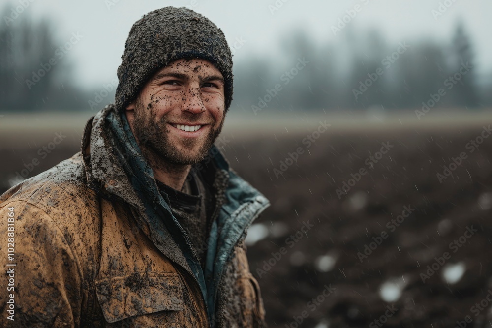 Mud-Covered Man Smiling in a Field During a Rainstorm Mud-Covered Man Smiling in a Field During a Rainstorm
