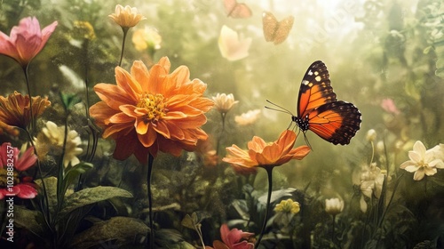 A peaceful garden full of vibrant flowers and lush greenery, with a butterfly resting delicately on a flower petal, captured in soft focus