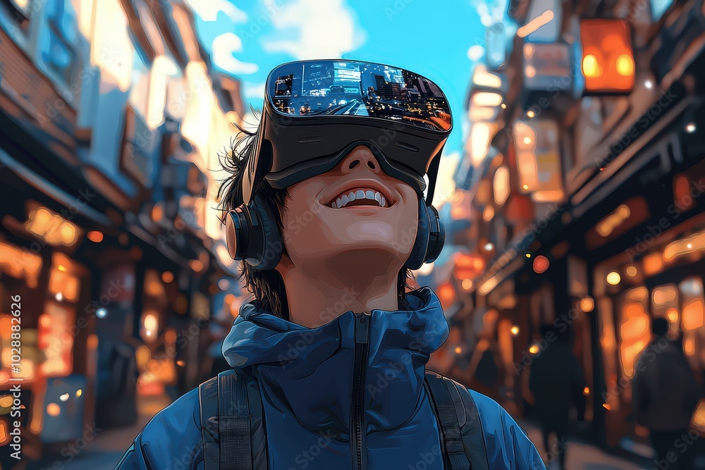A young man wearing VR glasses smiles happily, standing in the city street with buildings behind him A young man wearing VR glasses smiles happily, standing in the city street with buildings behind him