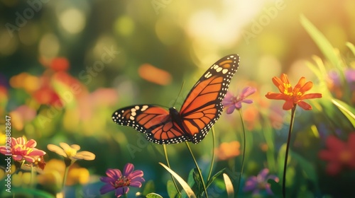 A vibrant garden filled with blooming flowers and lush greenery, with a butterfly gently resting on a petal in soft focus, perfect for nature stock photos