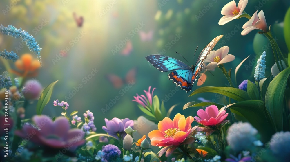 A vibrant garden in full bloom, with soft greenery and a butterfly resting on a colorful petal, creating a serene and natural scene A vibrant garden in full bloom, with soft greenery and a butterfly resting on a colorful petal, creating a serene and natural scene