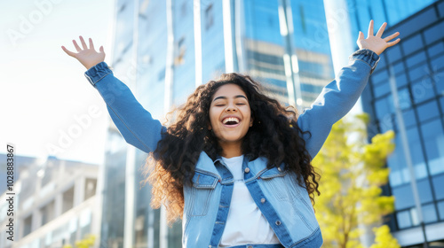 Portrait of a beautiful Latin American woman smiling and looking at the camera with her hands up