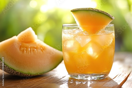 A Glass of Iced Melon Juice with Melon Slices photo